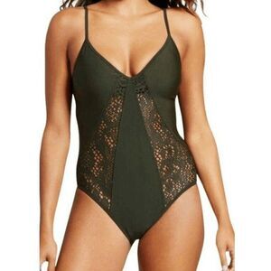 Mossimo Lace One Piece Swimsuit Womens Size L Dark Olive Green V Neck Open Back